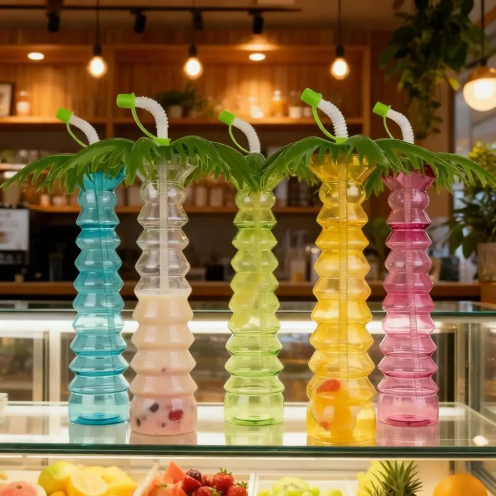 Unique Coconut Tree LED Straw Cup Plastic Drinking Tumbler Novelty Tropical Fruit Juice Bottle Funny Kids Party Convention