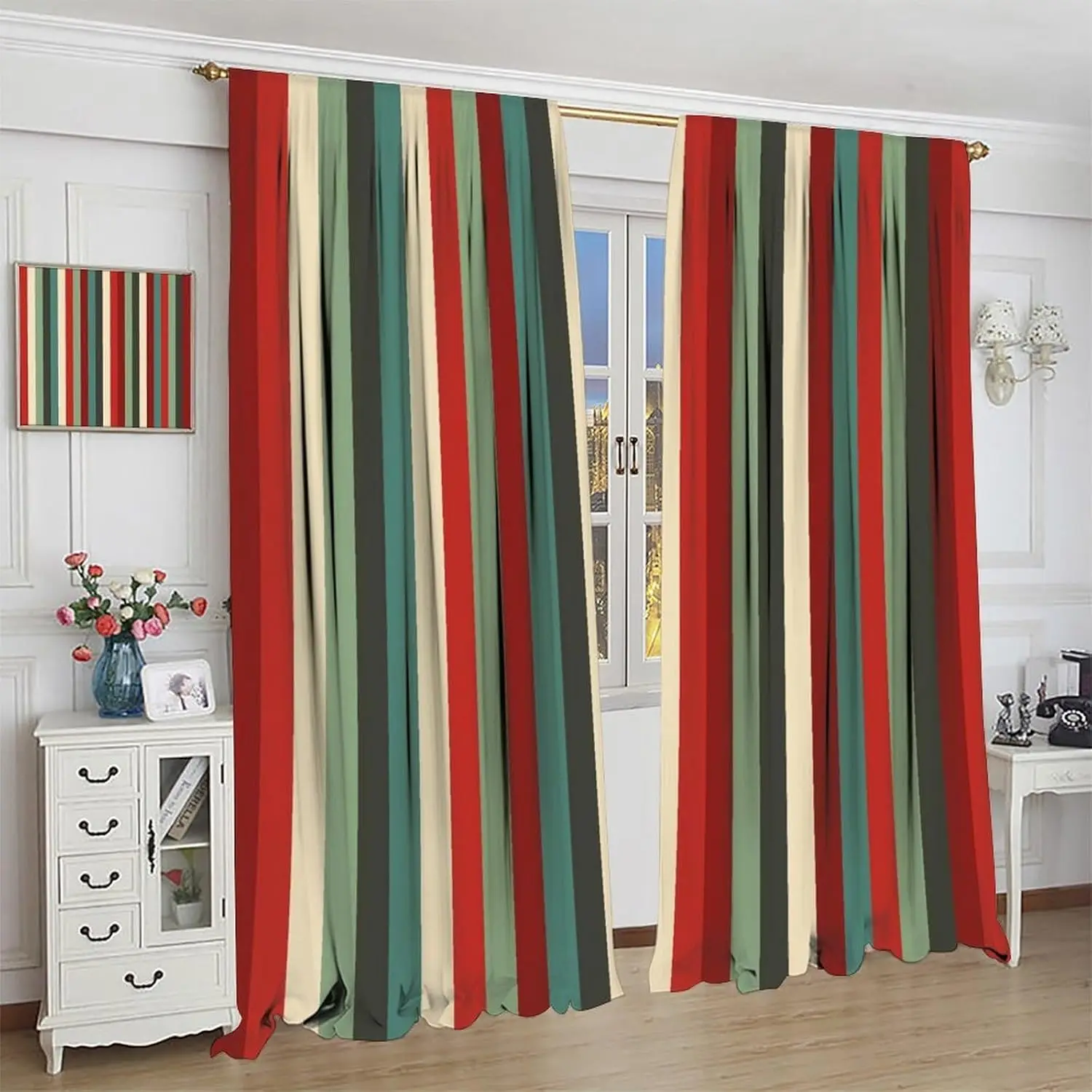 Vintage Striped Curtains, Mid Century Colorful Red Green Vertical Stripe Curtain Abstract Geometric Classic Stripes Treatment