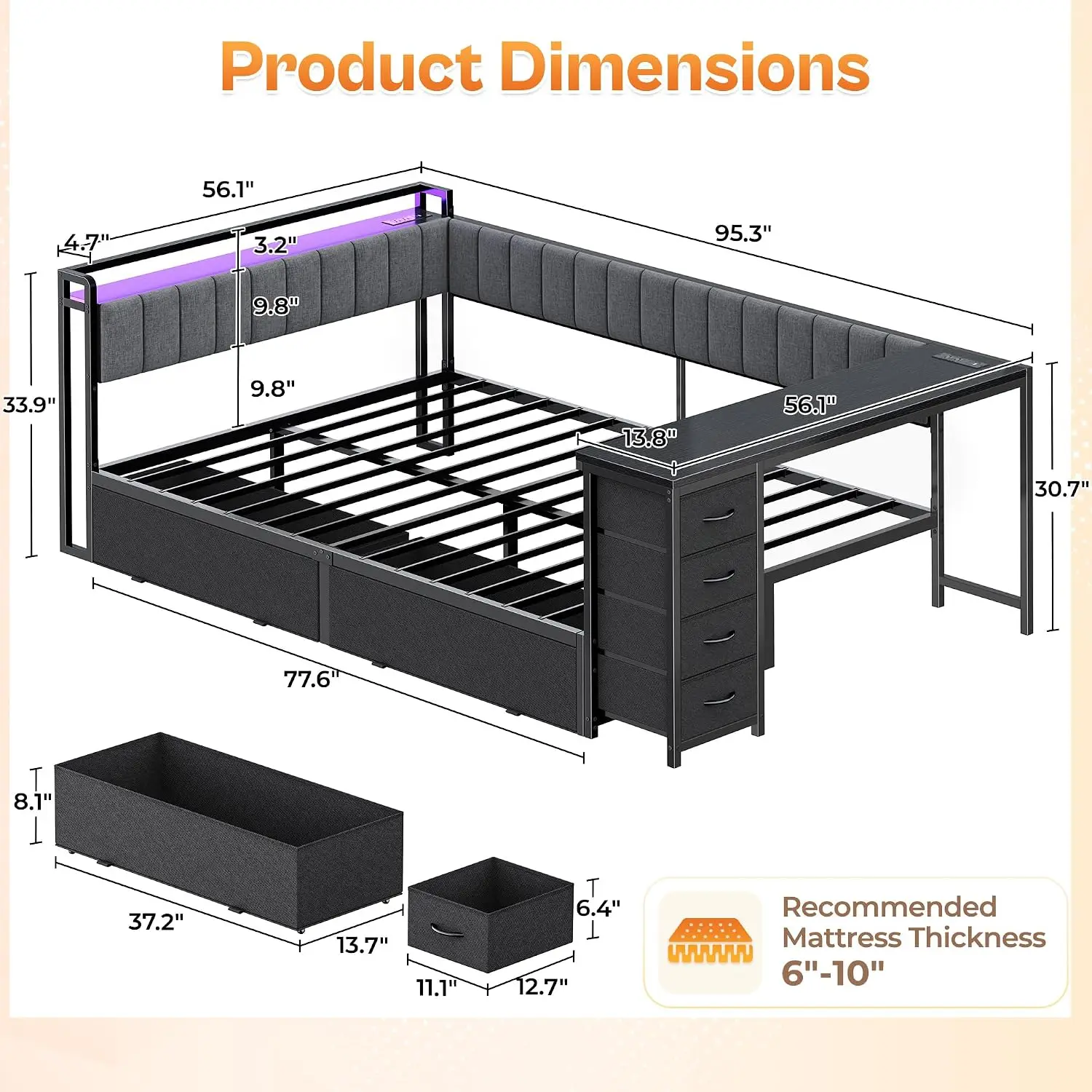 Full Corner Bed Frame with Desk, LED Light, 2 Charging Stations, Customized