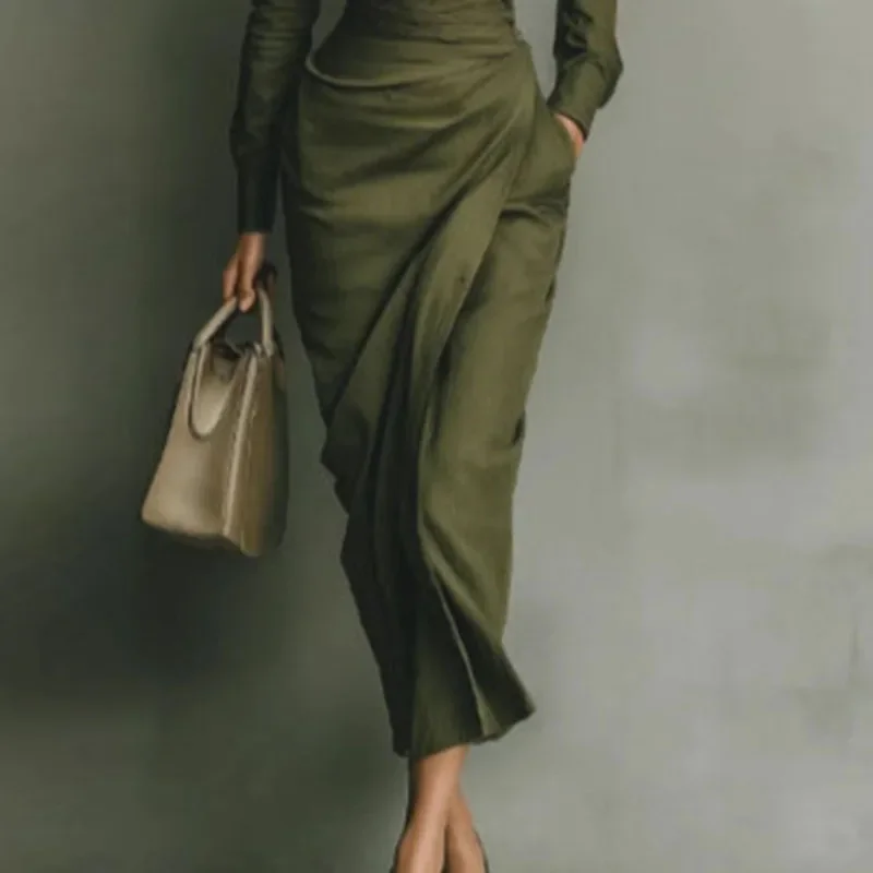 우아한 여성용 봄 폴로 칼라 버튼 하이웨이스트 슬림 바디콘 드레스 가을 긴팔 솔리드 오피스룩 원피스 베스티도