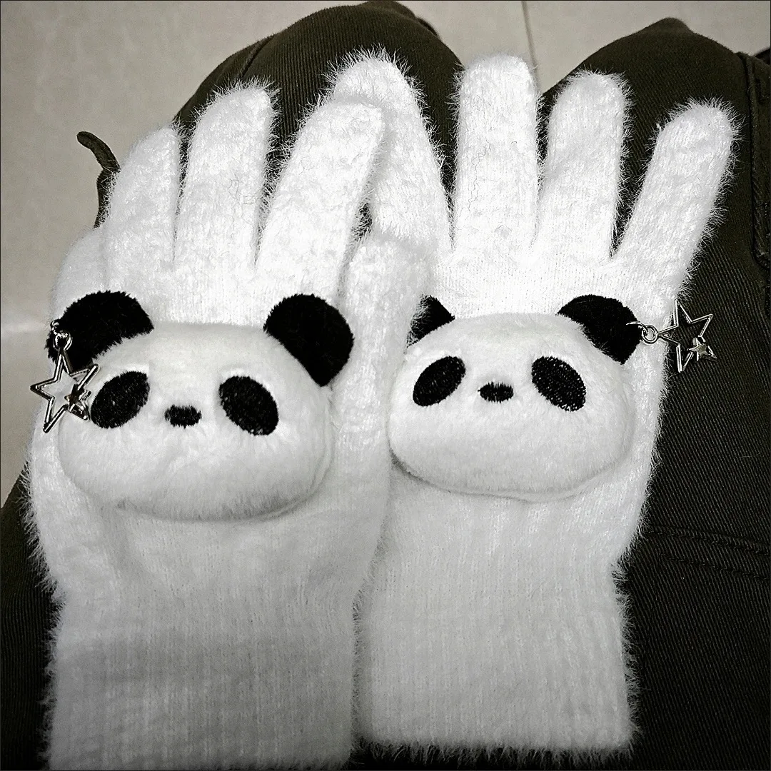 Y2k branco preto panda luvas de malha bonito inverno engrossado bonito luvas de dedo completo feminino lolita luvas jk acessórios