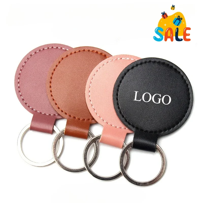 Custom LOGO Keychain Blank Circular Leather Laser Engrave Car Keyring Pendant Personalized Company Advertising Key Chains Gift