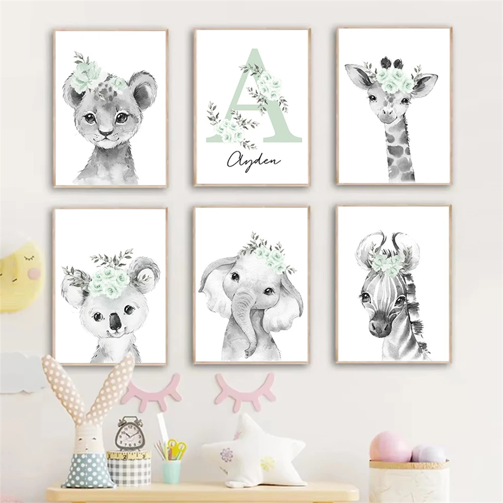 Custom Baby Canvas Print Lion Elephant Giraffe Koala Poster Personalized Name Wall Art Nursery Painting Pictures Kids Room Decor
