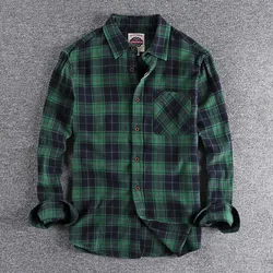 Retro Casual Male Cargo Shirt Plaid Washed Long Sleeve Cotton Uniform Light Casual Work Safari Style Oversize Mens Shirts Top