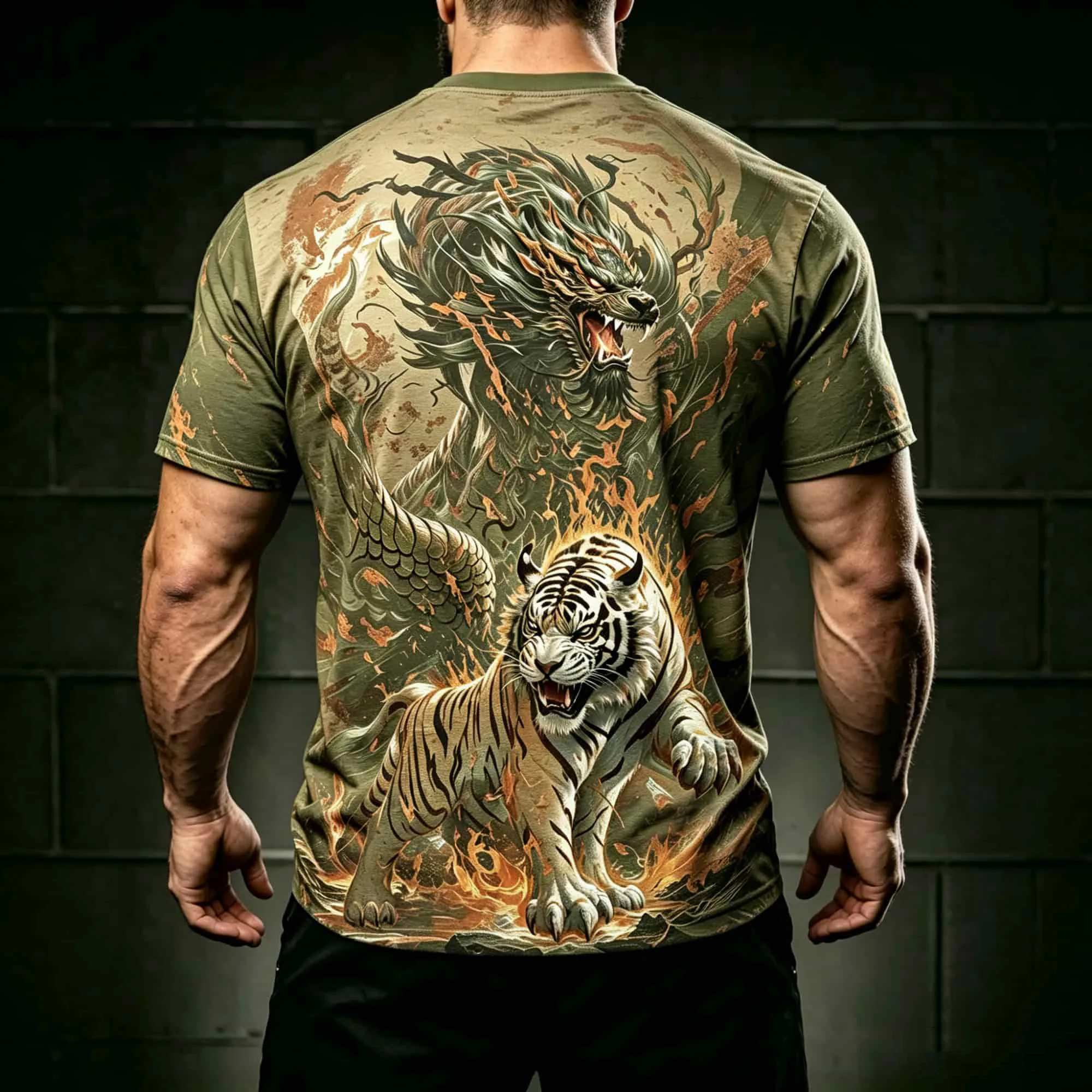 Men Short Sleeve T Shirt Chinese Dragon & Tiger Vintage Distressed Print Crew Neck Casual Streetwear Graphic Tops