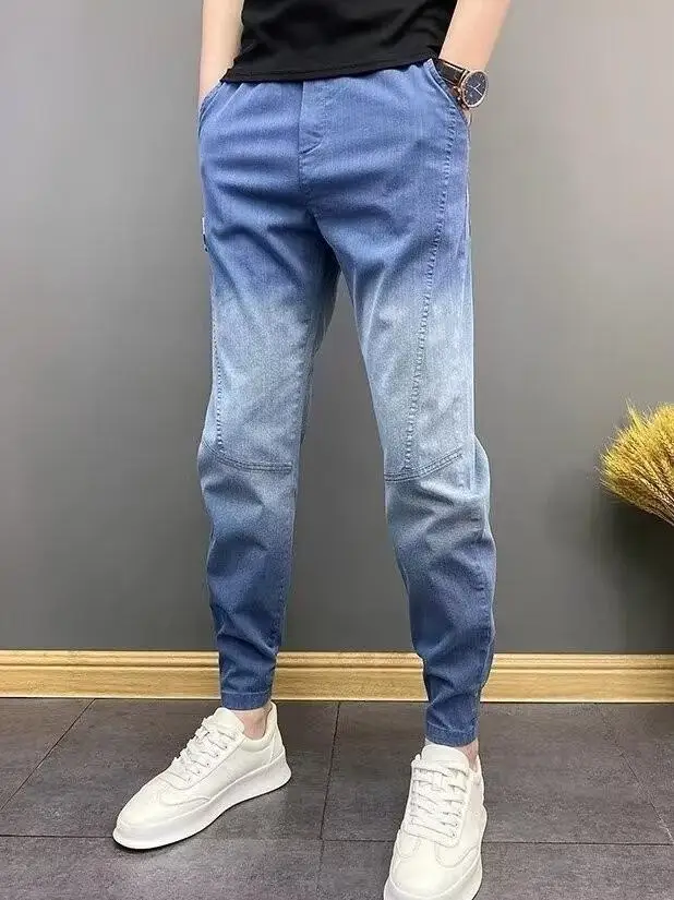 

Slim Fit Men's Jeans Trendy adient Waed Casual Small Straight Leg Haome Boy Blue Jeans Youth ular Autumn Season