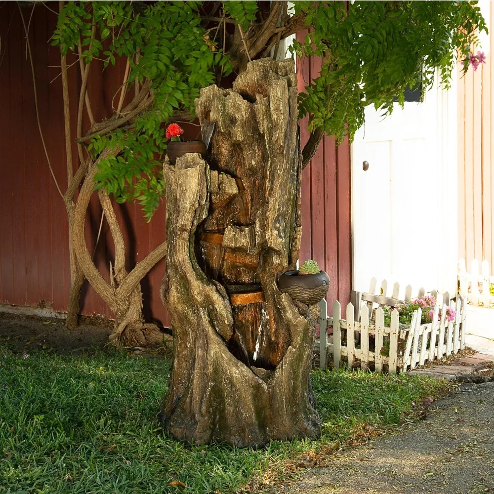 52 inch ground fountain with LED lights and 2 flower pots, indoor/outdoor ground waterfall, tree trunk fountain