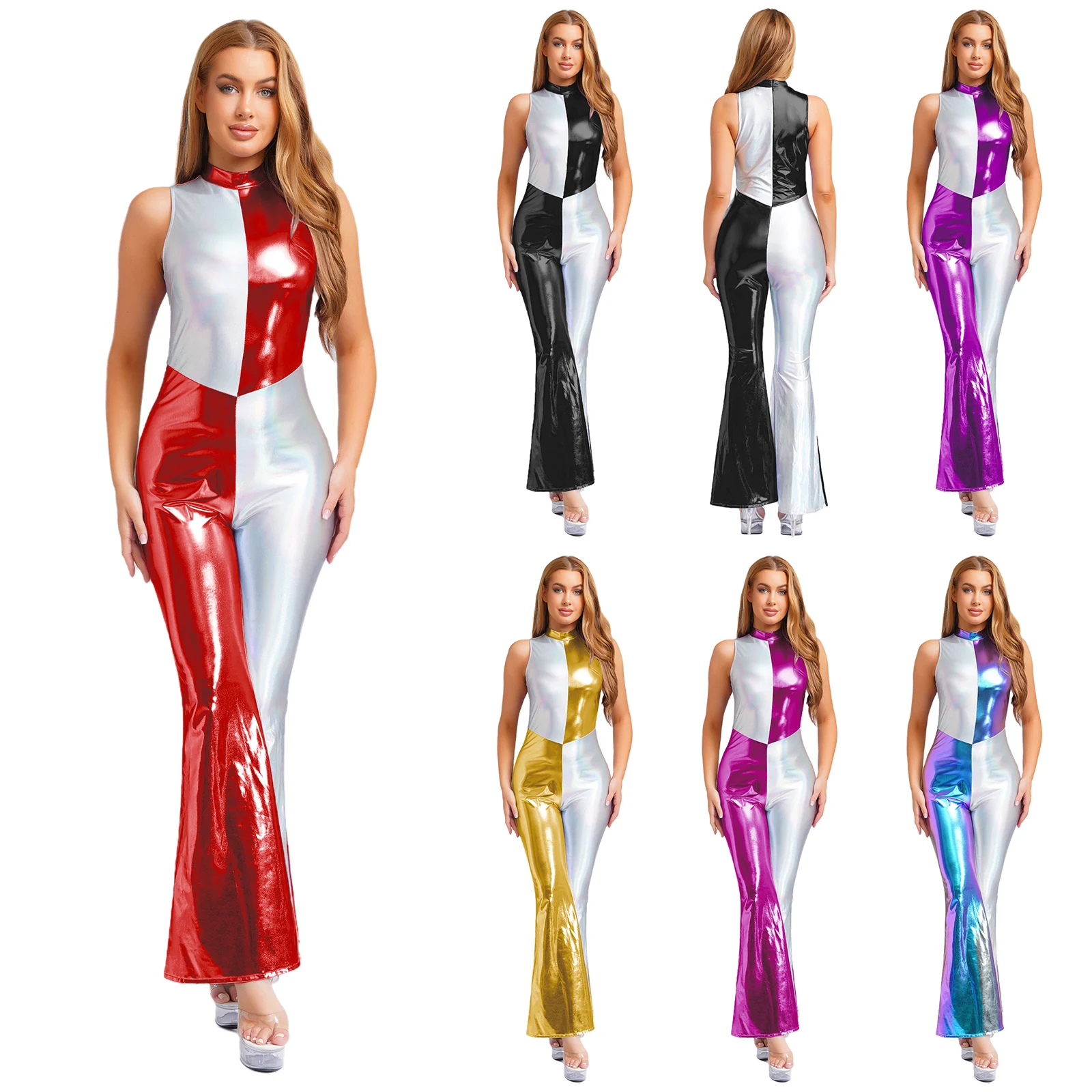 Womens Metallic Shiny Full Body Jumpsuit 모조 넥 민소매 플레어 바지 바디 슈트 Bell Bottom 70s Disco Rompers Clubwear