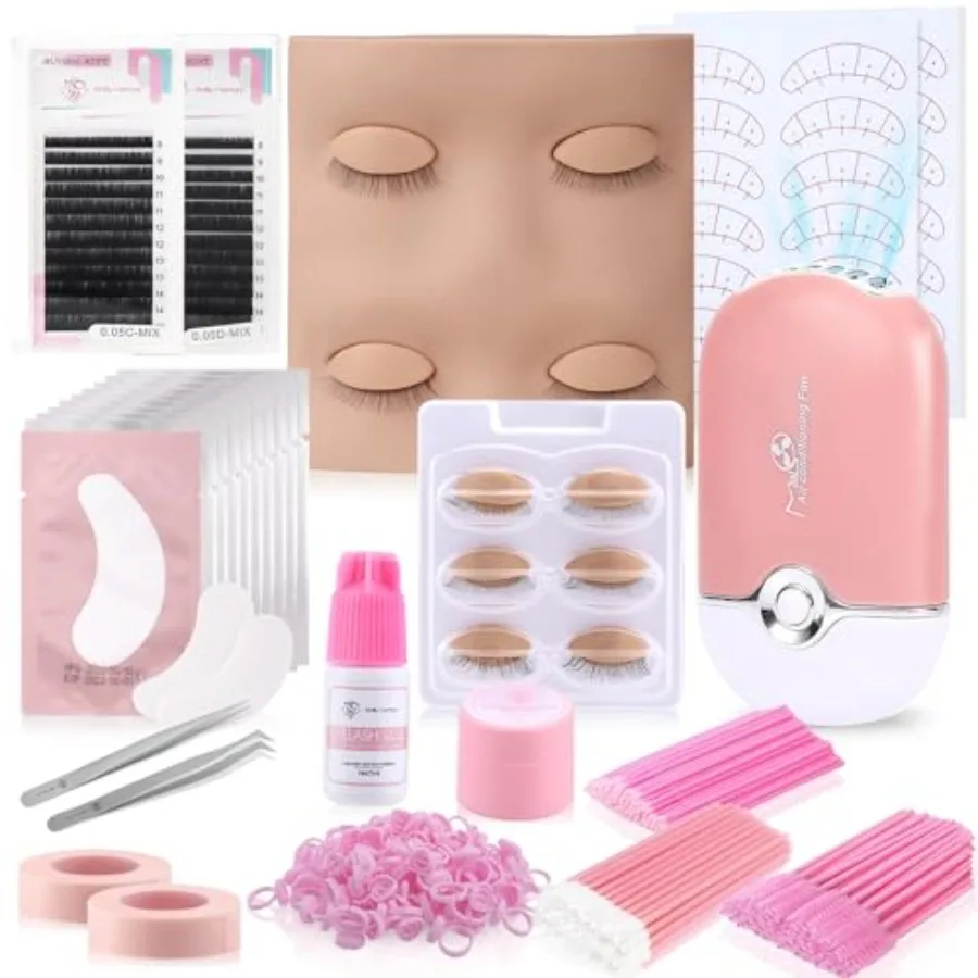 

225 PCS Eyelash Extension Kit with Mannequin Head Mini Fan Eyelash Glue and Remover Cream Tweezers Lash Extension Supplies for