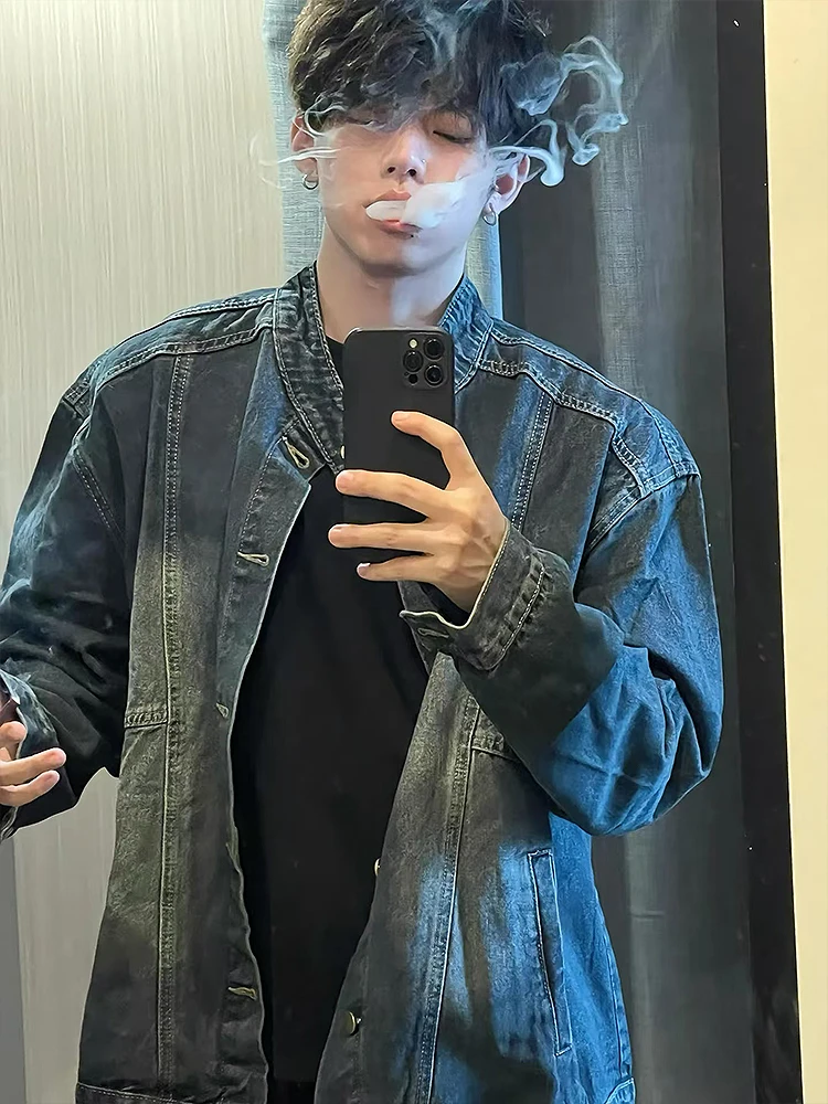 

Мужская джинсовая куртка в американском ретро-стиле, весенне-осенняя, рабочая, приталенная, с длинными рукавами, на молнии, повседневная верхняя одежда