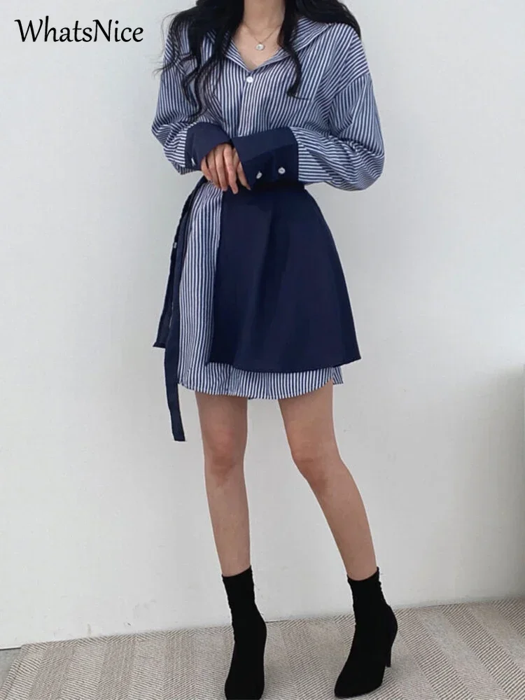 2022 new korean fashion 2 piece set woman dress Lady casual stripe dresses women female shirt dress Dropshipping Cheap wholesale