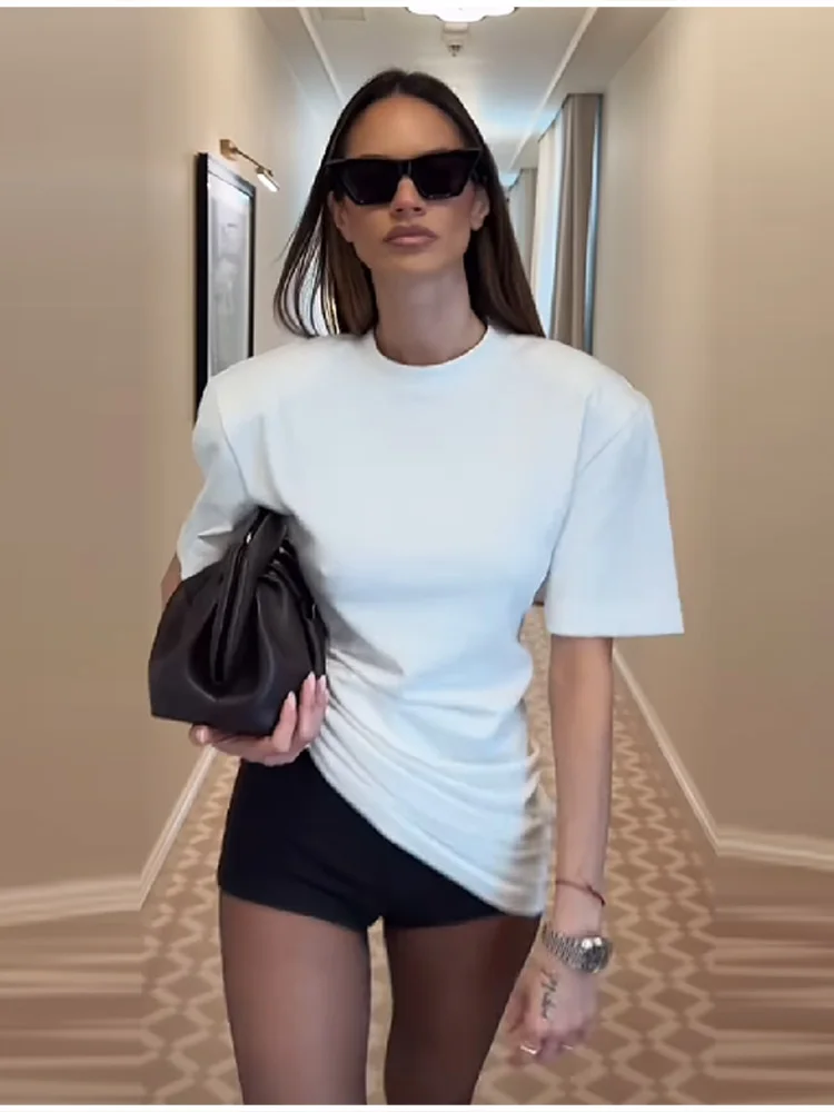 Модная минималистичная белая футболка с мягкими вставками на плечах, уютная свободная футболка с круглым вырезом и коротким рукавом, повседневный универсальный топ, женская уличная одежда