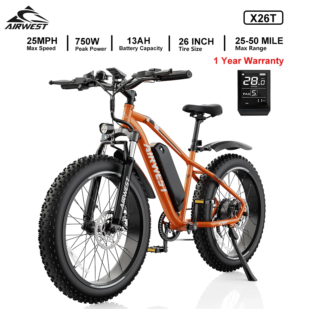 

AIRWEST X26T Adult Electric Bike，Peak Power Motor 750W ，26"x4 Fat Tire，48V 13Ah Battery，25MPH，E-bike UL 2849, 1 Year Warranty