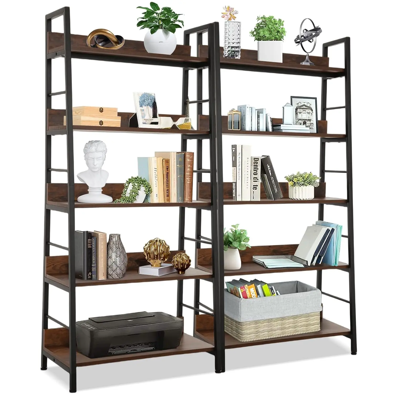 Industrial 5-Tier Ladder Shelf Freestanding Storage Rack Metal Frame Living Room Office Rustic Brown 2Packs, Customized