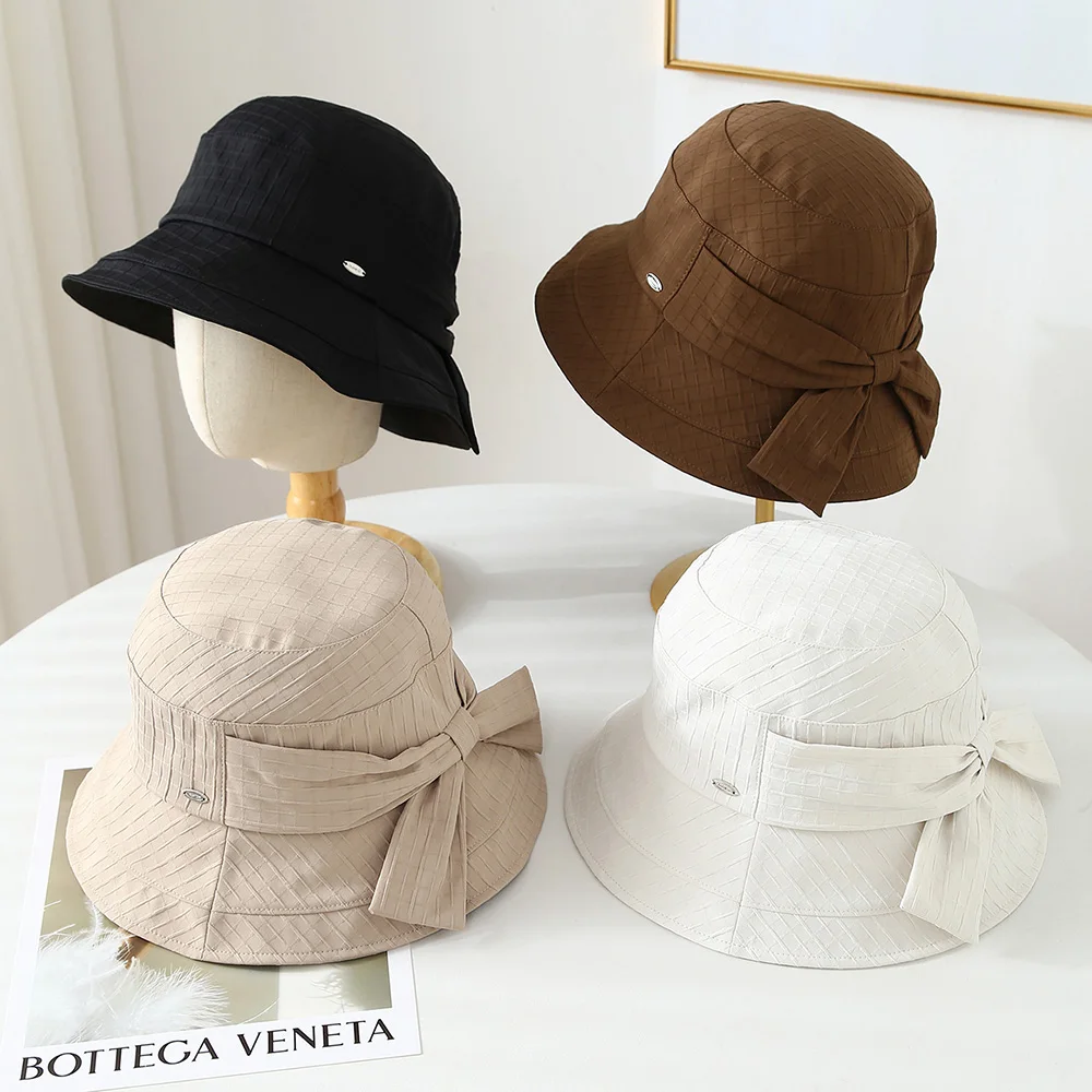 Einfarbiger Damen Outdoor Bucket Hat Eleganter Fischerhut mit Kleiner Schleife Frühling Sommer Sonnenschutz Eleganter Sonnenhut