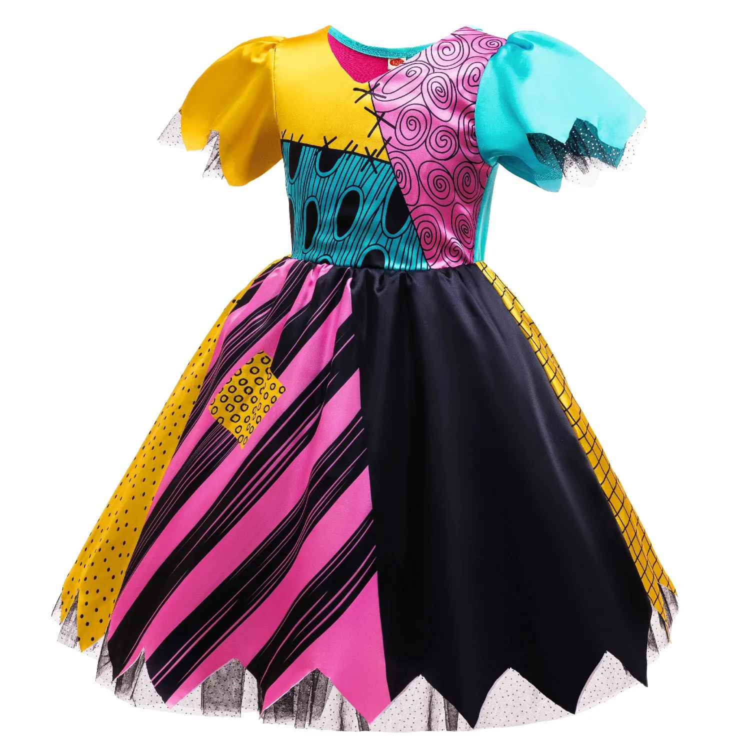 Girls Terro Cosplay Dress Patchwork Print Puff Short Sleeve Irregular Hem Dress with Bow Headband Kids Halloween Carnival Outfit