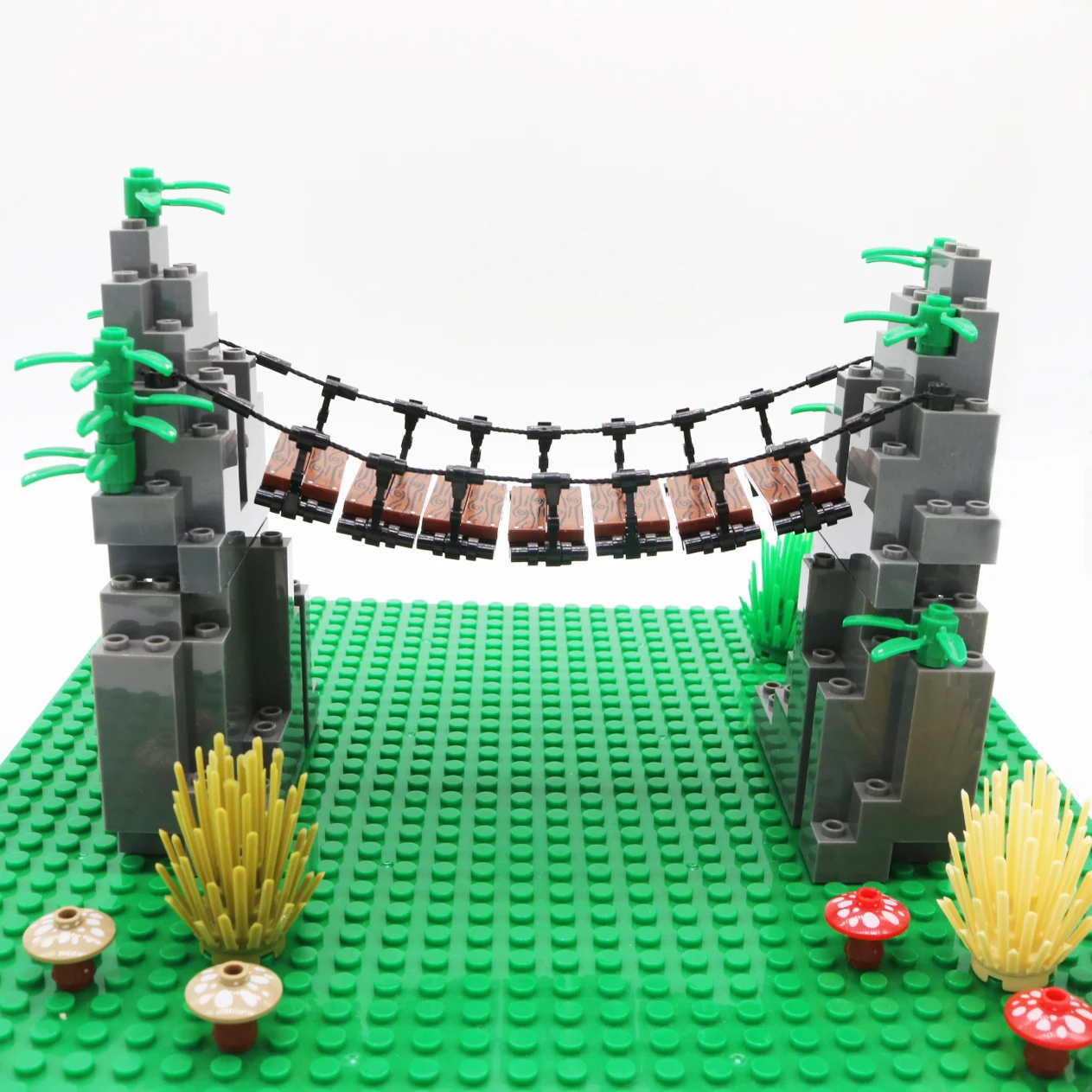 MOC-escena de partículas pequeñas, puente de suspensión superior de montaña, bloques de construcción, puente de cadena de acantilado, modelo de escalera suave de tablón de madera