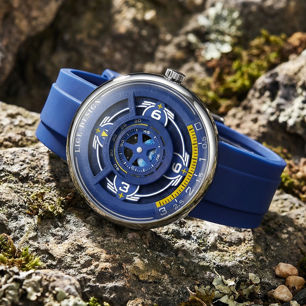 LIGE Unique Creative Dial Quartz Watches Male Hollow Fashion Earth Casual Sport Silicone Strap Waterproof Luminous Man Watch+Box