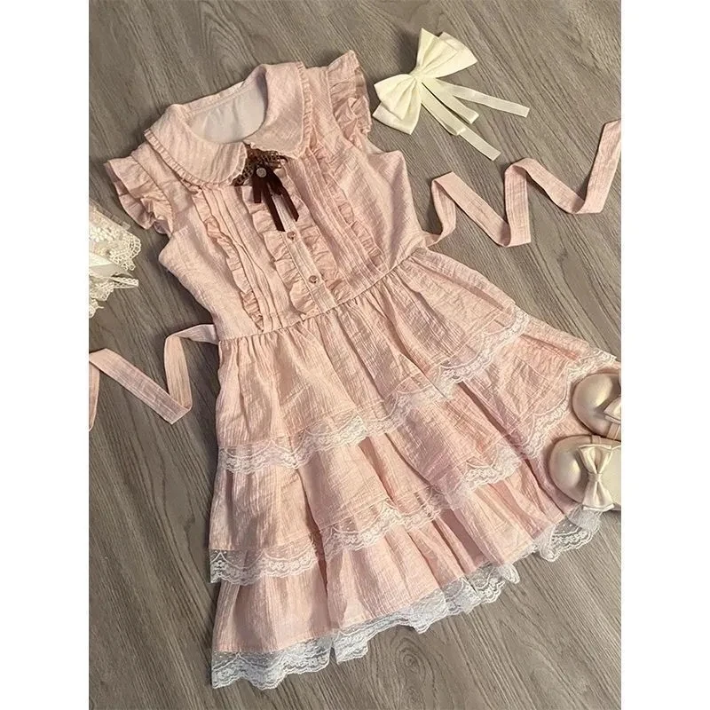 Japonês doce vestido de verão feminino rendas retalhos rosa em camadas bolo vestido lolita inspirado bonito laço peter pan colarinho vestidos
