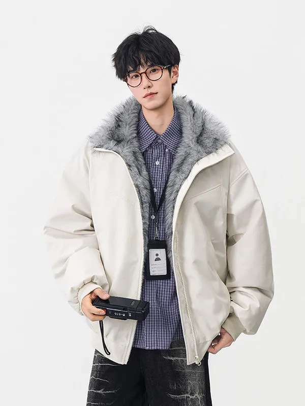 Men's Thiened Faux Fur Collar Cotton Jaet Winter Sli American Retro Fce Lined Quilted Coat Youth Casual Zipper Clo...