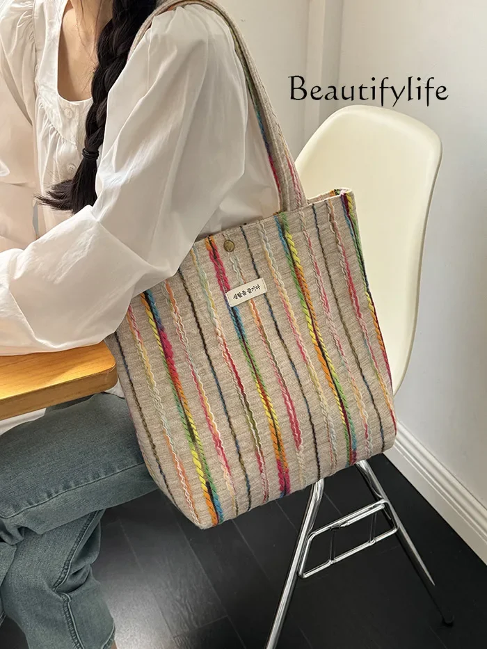 Striped three-dimensional embroidered canvas tote bag lazy wind vacation bag portable shoulder commuter bag