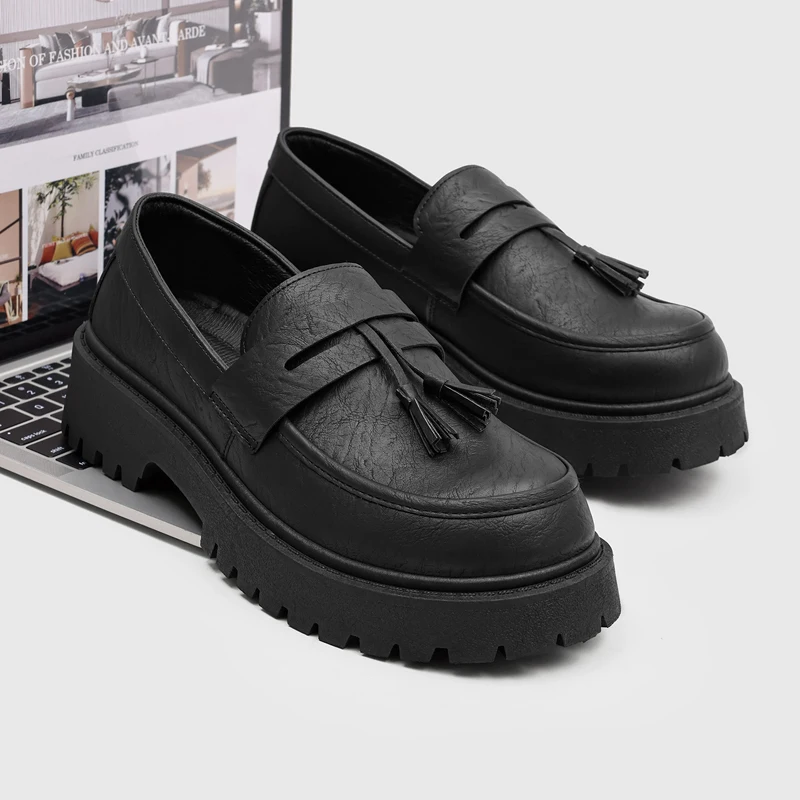 Fashion Tassels Designer Loafers For Men Big Size 46 Black Pu Leather Shoes Man Slip-on Shoes Comfy Platform Men's Casual Shoes