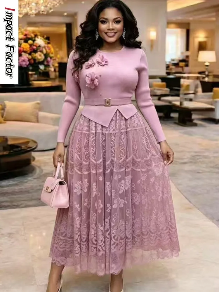 

2026 New Miyake Fashionable and Elegant Pleated Dress Three-dimensional Flower Decorative Lace Splicing Mesh Women's Long Dress