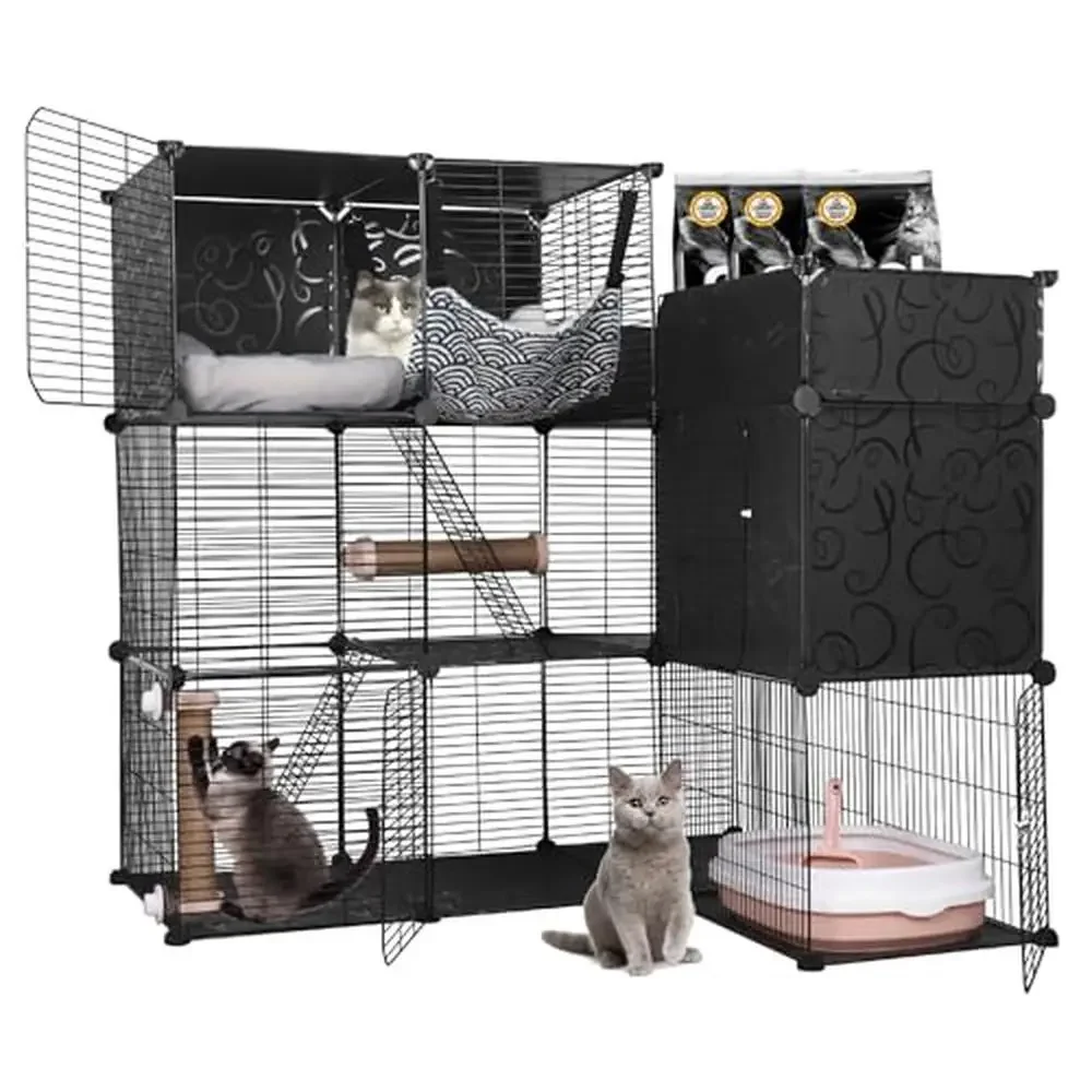 3-Tier L-Shape Cat Cage with Storage & Litter Box Metal Cat Enclosures Playpen Kennel DIY Indoor Cat Cages Kittens & Cats