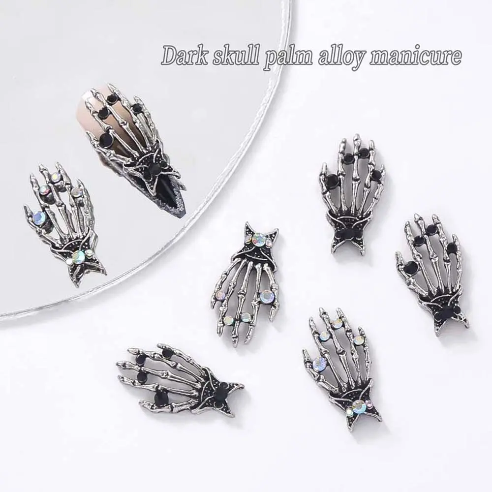 10Pcs/set Metal Nail Charms Halloween Skeleton Nail Rhinestones Nail Supplies Skull Palm Skeleton Hand Nail Decorations Silver