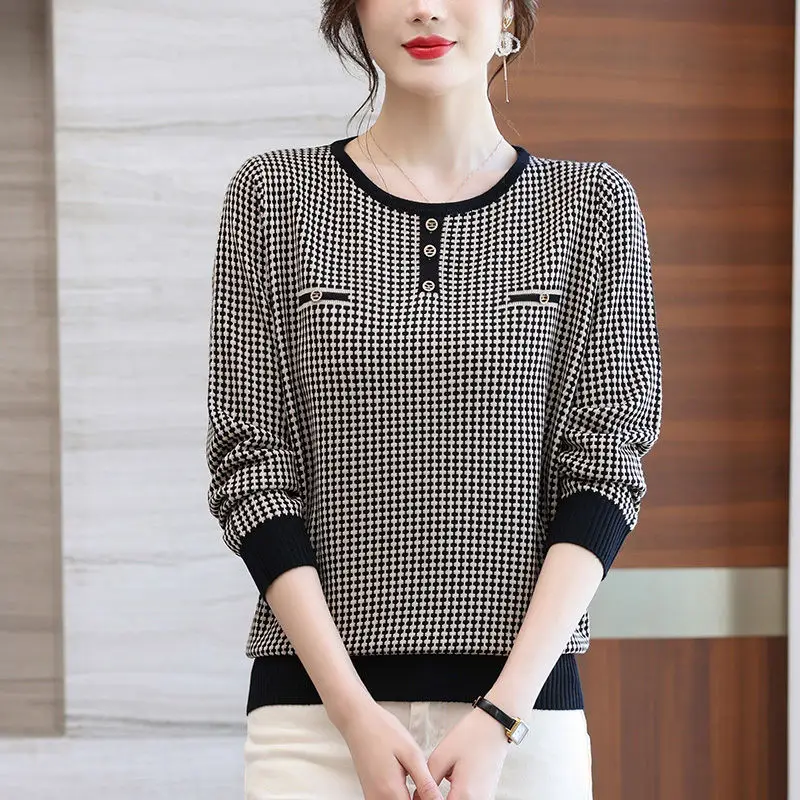 

Temperament Sping Autumn New Sweaters Women O-Neck Houndstooth Patchwork Button Fashion Casual Elegant Long Sleeve Knitted Tops