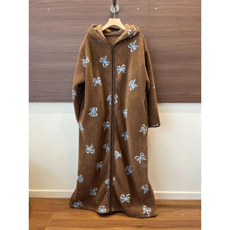 Plus Size Long Flannel Hooded Robe Kimono Nightgown Women's Cartoon Zipper Sleepwear Winter Warm Home Clothes Loose Pajamas