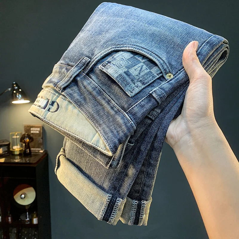 

Spring and Autumn Men's Jeans Trendy Embroidered Printed Small Straight Tube Slimming High end Fashion Stretch Denim Men's Pants