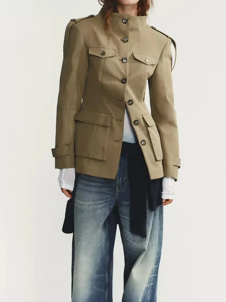 

European and American style autumn new fashion trend women's clothing strap pocket stand collar long sleeve jacket