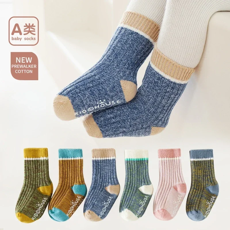 1 Pair Warm Calf Socks for Baby Boy Girl Candy Color Striped Short Sock Autumn Winter Non-slip Sock  Baby Clothes Cheap Stuff