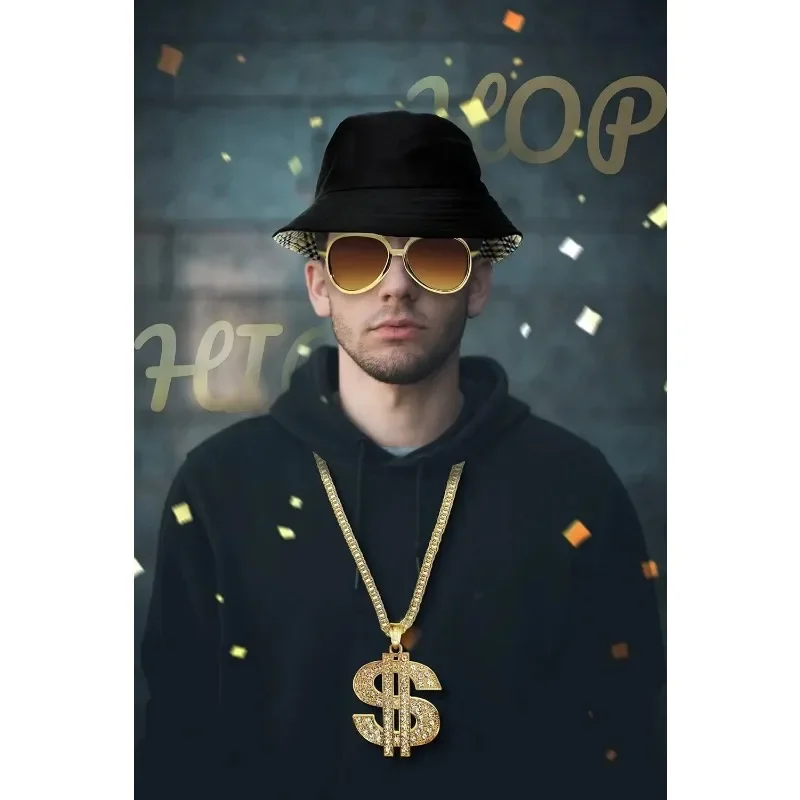 90s Hip Hop 80s Costumes for Men/boys/kids Rapper Themed Party Outfits Accessories Fashion Gold Chain Sunglasses Money Necklace