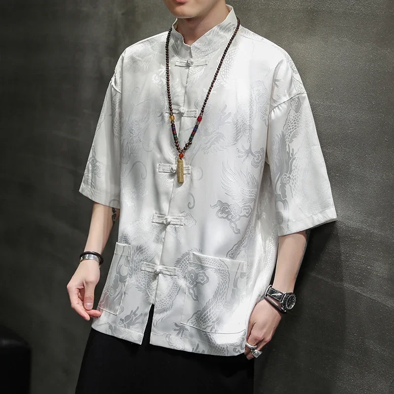 

Chinese Style Retro Tang Suit Rayon Print Dragon Suit Plus Size Hanfu Men Oriental Clothing Black Short Sleeve Blouse Shirt