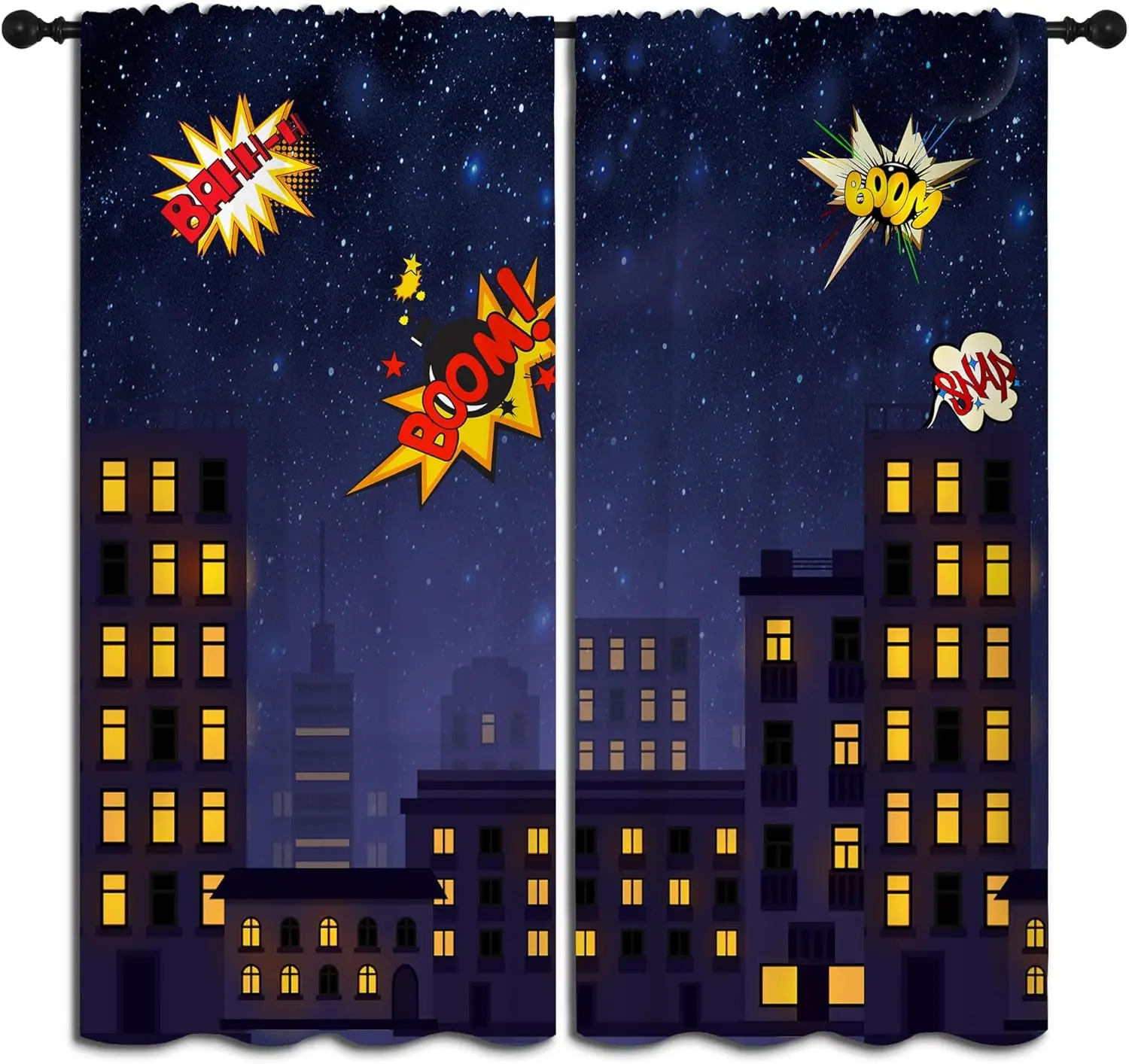 Super Hero Rod Pocket Blackout Curtains for Boy Girl Bedroom, Exploding City StarryCartoon Skyline Thermal Insulated Home Window
