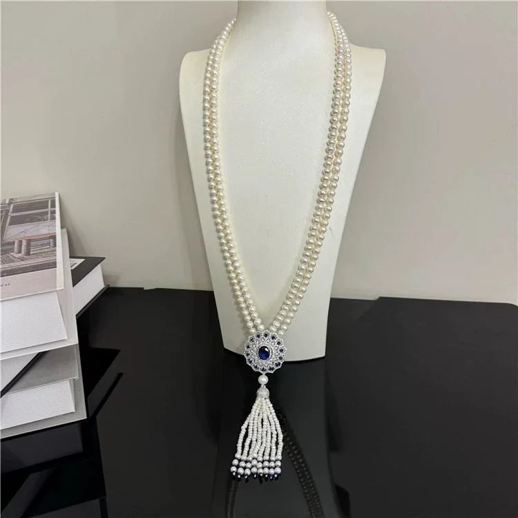 

28" 2 Strands Cultured White Pearl Necklace CZ Pave Pendant