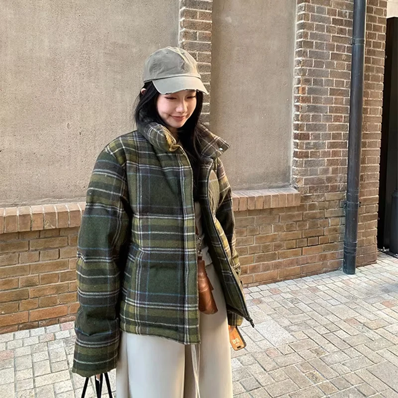 

Y2K Street Plaid Print Cotton-Padded Jacket Women Winter Thicken Warm Puffy Bread Coat Korean Retro Student Down Cotton Parkas