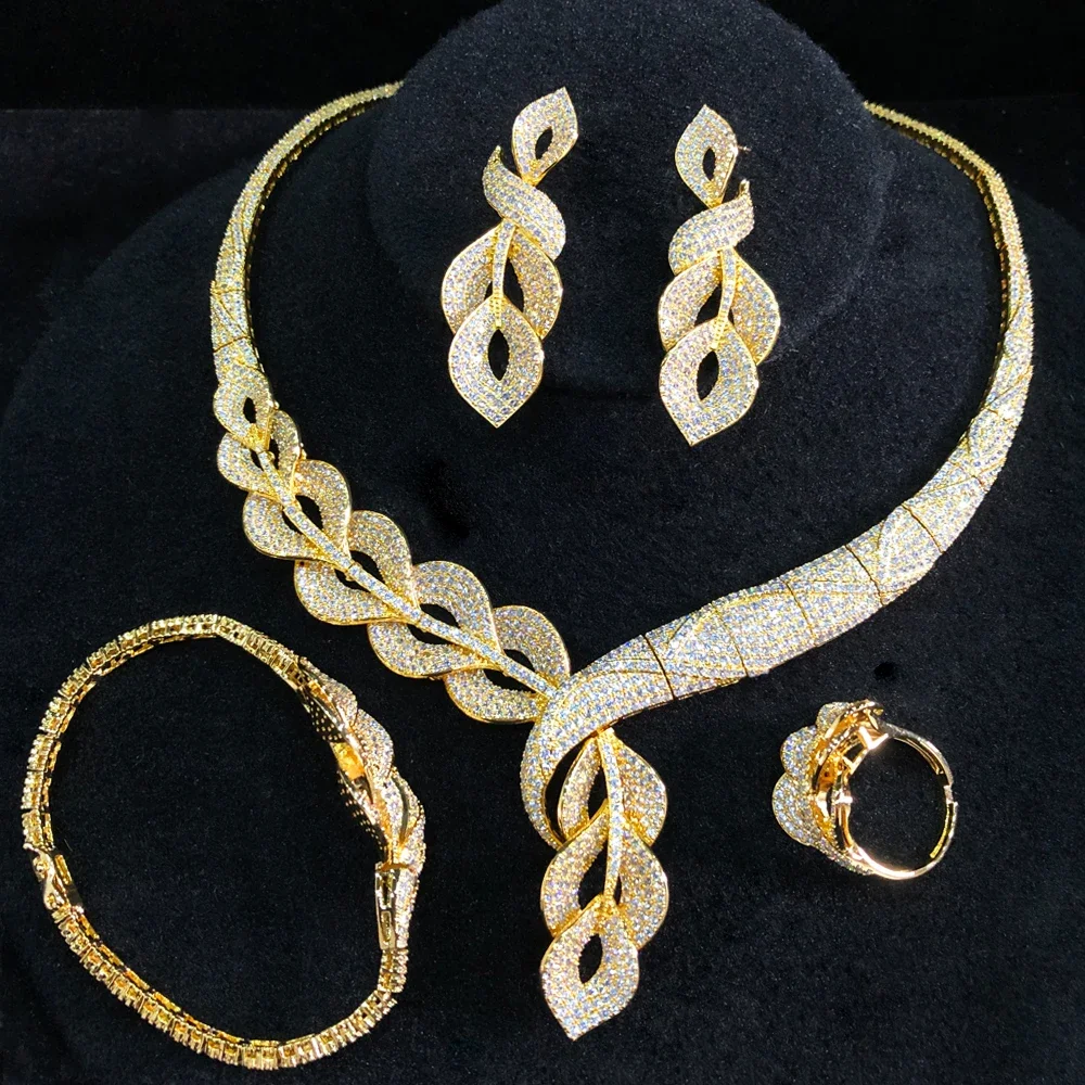 

KellyBola Luxury High Quality Zircon Geometric Twist Necklace Bracelet Earring Ring 4PCS Dubai Female Noble Wedding Jewelry Set