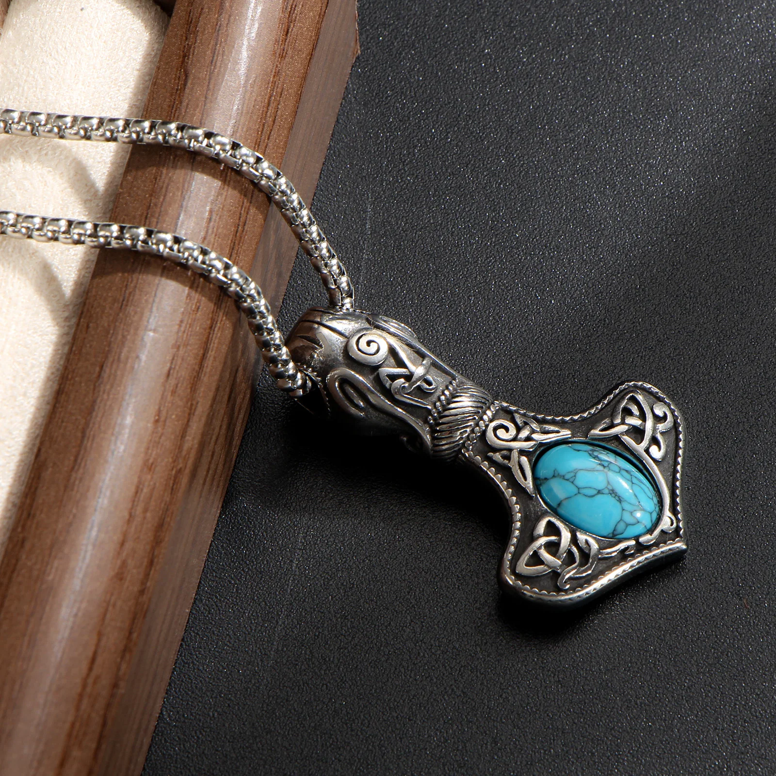 LNCHRAN Men 316L Stainless Steel Antique Mjolnir Thor Hammer Pendant With Turquoise Stone Box Chain Viking Nordic Jewelry Gift