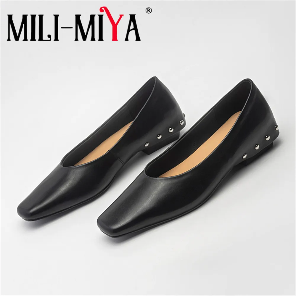 MILI-MIYA Women's Square-Toe Full Genuine Leather Retro Casual Flats With Metal Studs Solid-Color Slip-On Shoes Handmade