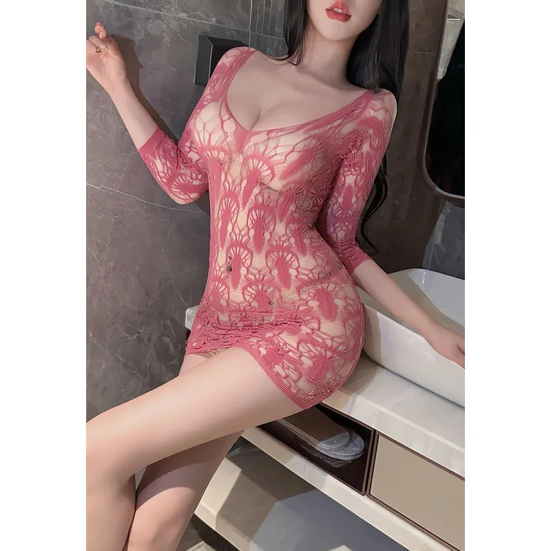セクシーな女性ショートミニドレスメッシュレース薄手の中空アウト袖オープンクロッチジャカード純粋な欲望パジャマドレスエレガント