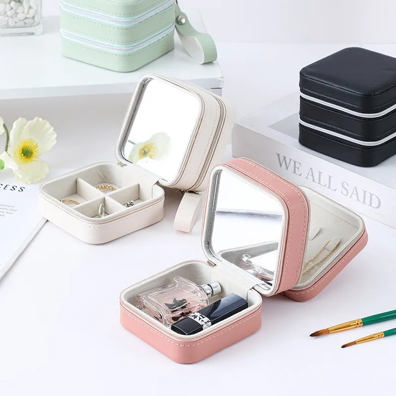Double Layer Mirror Jewelry Storage Box Women Simple Portable Mini Makeup Bag Leisure Travel PU Waterproof Cosmetic Pouch