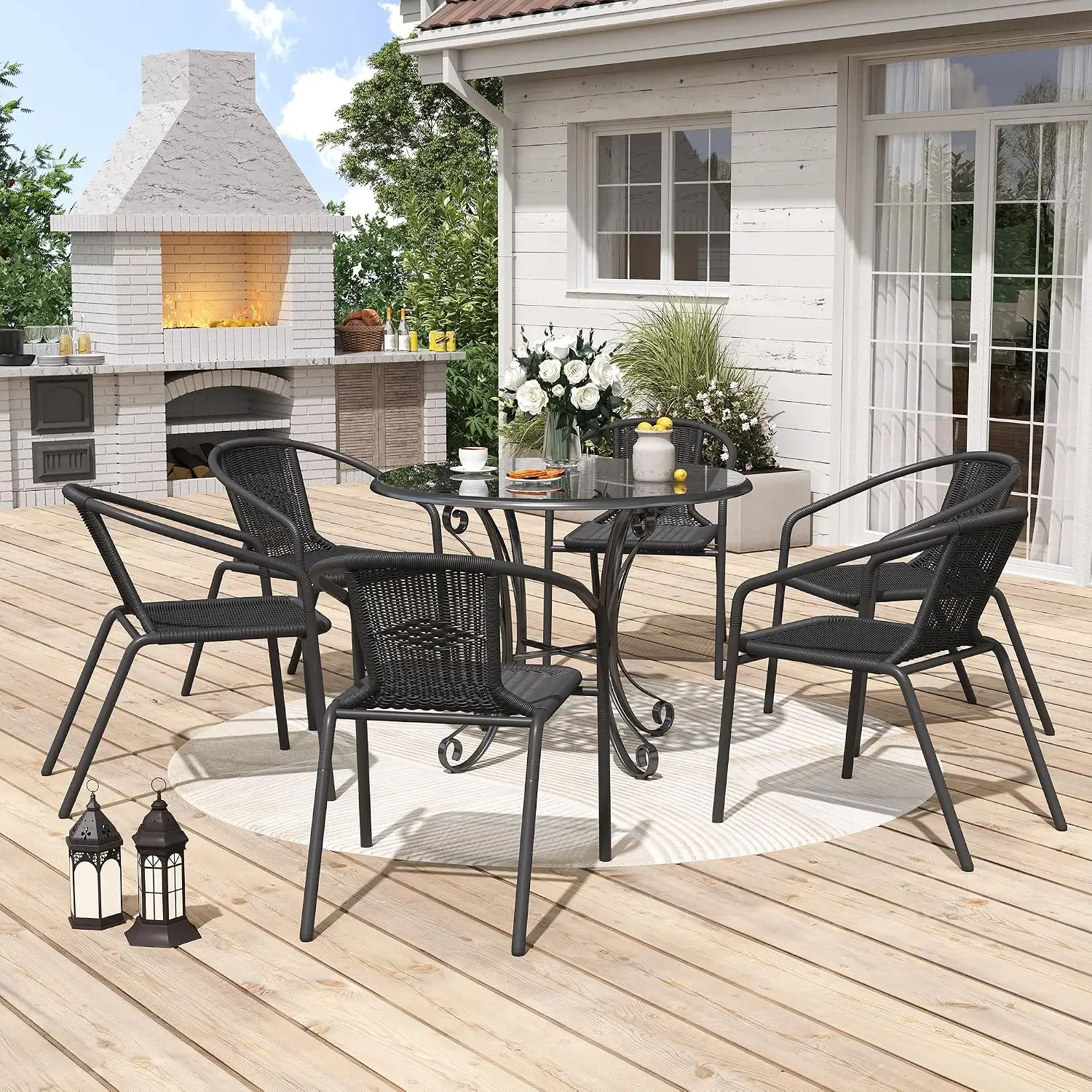Rattan Outdoor Dining Chairs Set of 6, Wicker Stackable Patio Chairs with All Weather Curved Back & Metal Frame