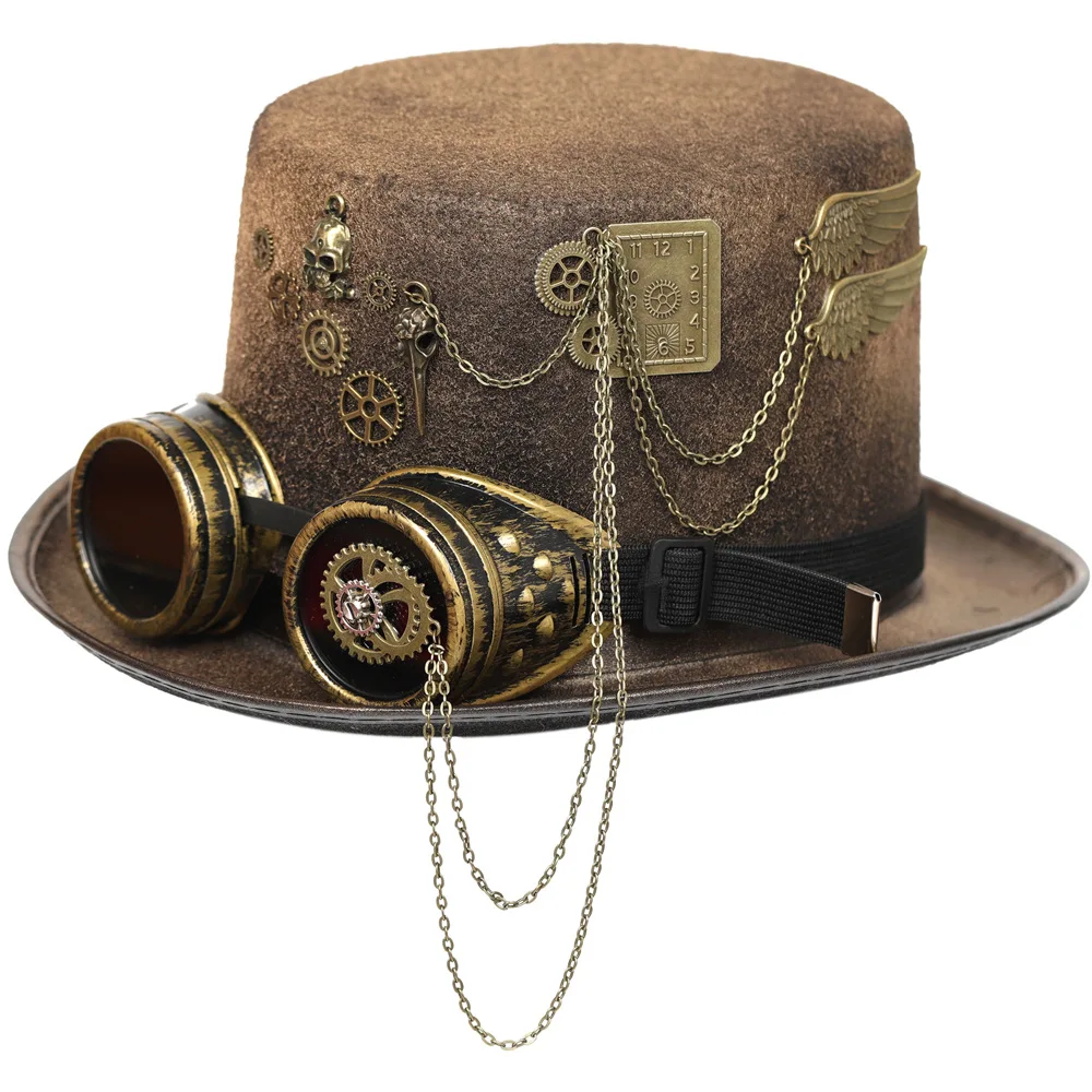 قبعة على الطراز القوطي Steam-punk مع تروس وسلسلة جمجمة معدنية قديمة وواقي
