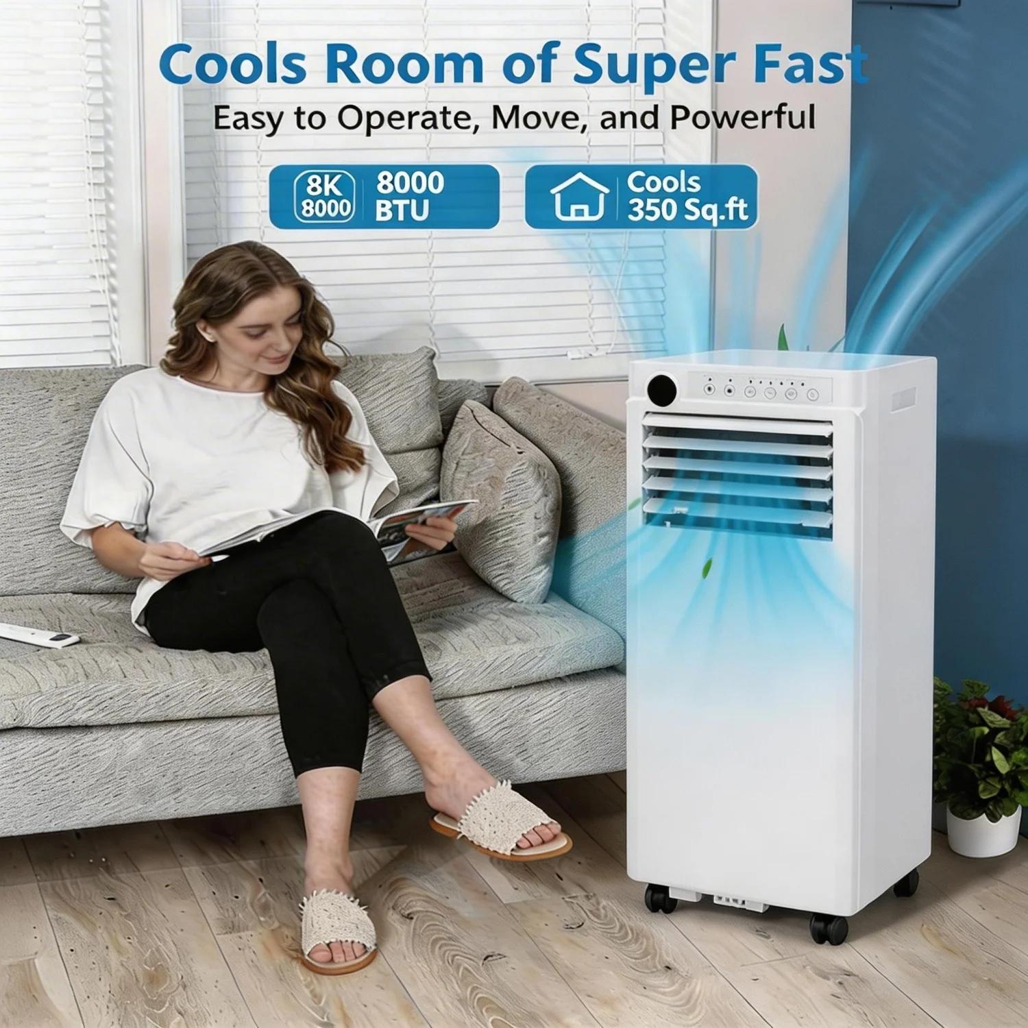 

8000 BTU Portable Air Conditioner, 3-in-1 Floor AC with Cooling, Dehumidifier & Fan, Remote, LED Display, 24H Timer and Installation Kit, Covers Rooms Up to 350 Sq. Ft. for Bedroom, Office, Dorm
