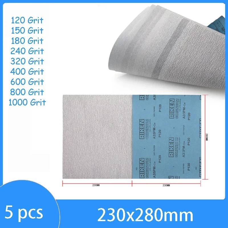 230x280mm Square Sandpaper Dry Sanding for Polishing Magnesium and Aluminum Alloys White Sandpaper 120-1000 Grit RIKEN A35PM
