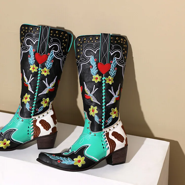 

Embroidered Cowboy Western Cowboy Boots Color-Blocked Thick-Heeled Knight Botines Slip-On Vintage Rivet High Women Botas