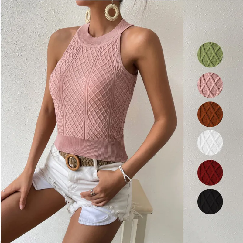 

Causal Thread Knitted Slim Tank Top Women Off Shoulder Halter Crop Tops Cropped Vest Camisole Female